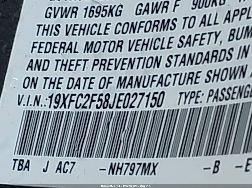 2018 Honda Civic Lx VIN: 19XFC2F58JE027150 Lot: 43977791