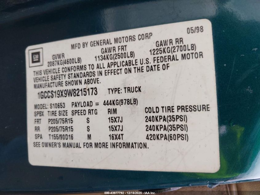 1998 Chevrolet S-10 Ls Fleetside VIN: 1GCCS19X9W8215173 Lot: 43977792