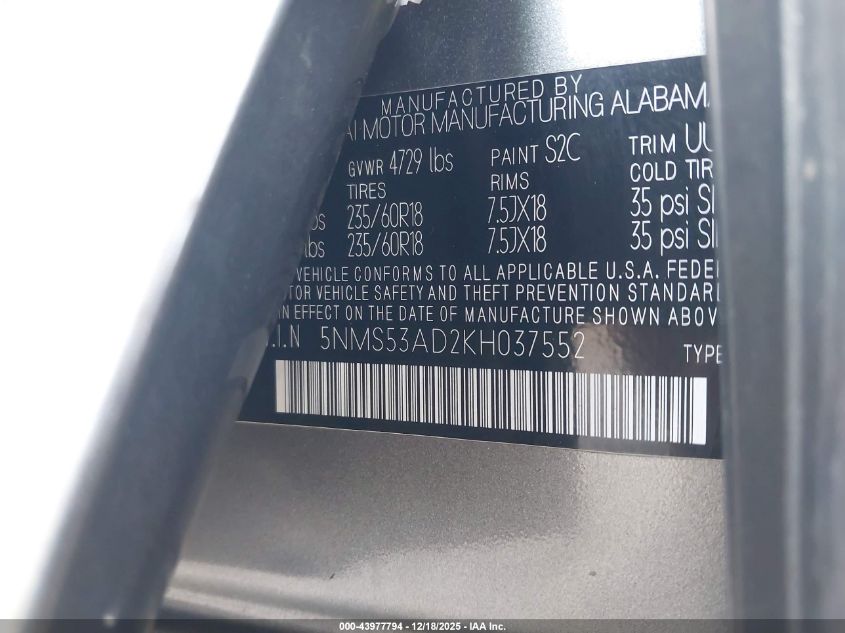 2019 Hyundai Santa Fe Limited VIN: 5NMS53AD2KH037552 Lot: 43977794