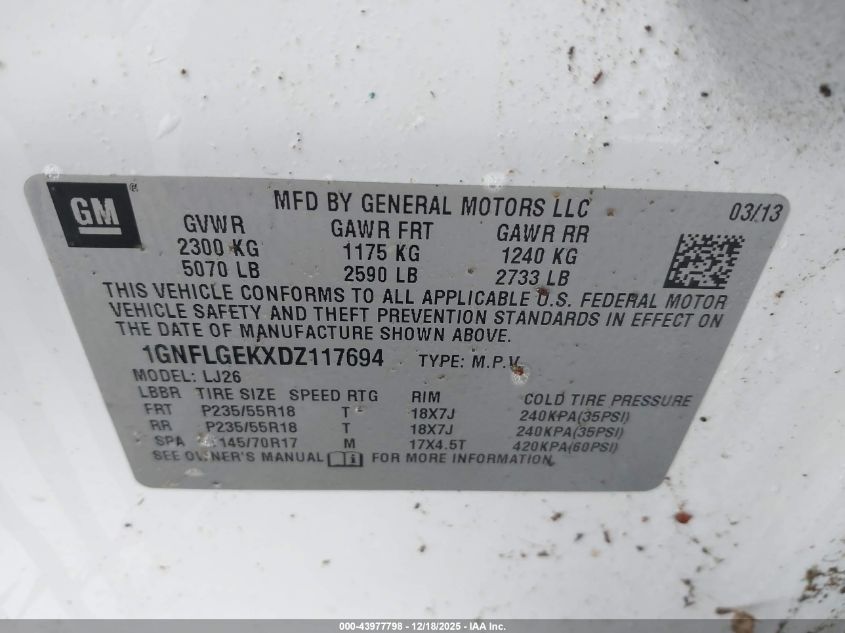 2013 Chevrolet Equinox Ltz VIN: 1GNFLGEKXDZ117694 Lot: 43977798