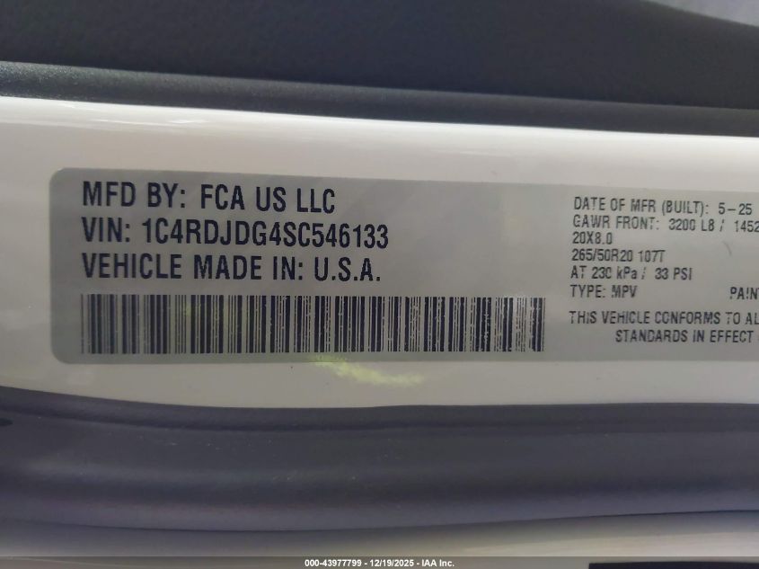 2025 Dodge Durango Gt Plus Awd VIN: 1C4RDJDG4SC546133 Lot: 43977799