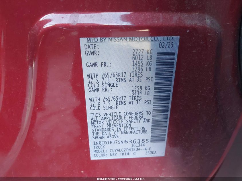 2025 Nissan Frontier Sv 4X2 VIN: 1N6ED1EJ7SN636385 Lot: 43977800