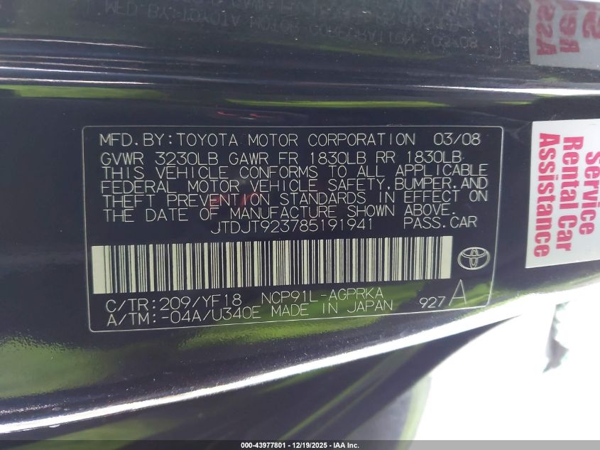 2008 Toyota Yaris S VIN: JTDJT923785191941 Lot: 43977801