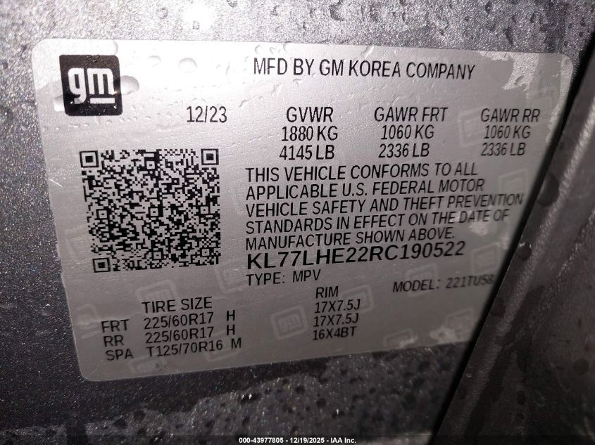 2024 Chevrolet Trax Fwd Lt VIN: KL77LHE22RC190522 Lot: 43977805