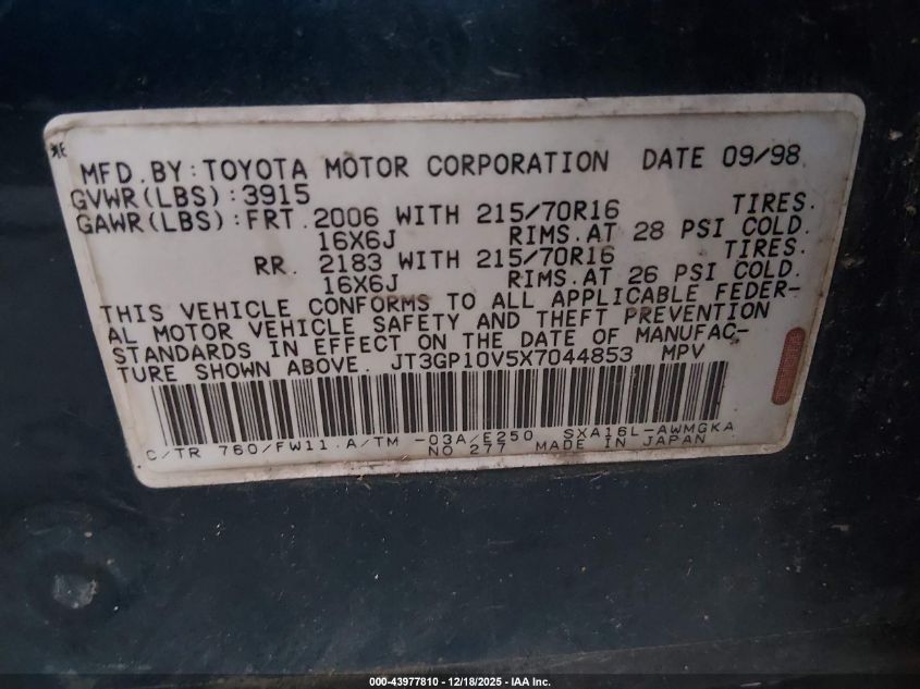 1999 Toyota Rav4 VIN: JT3GP10V5X7044853 Lot: 43977810