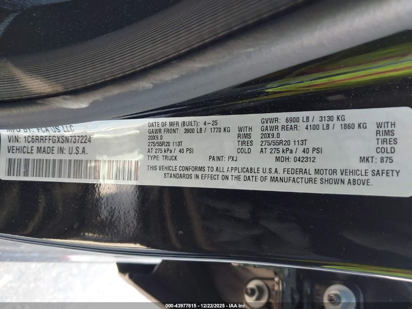 2025 Ram 1500 Lone Star 4X4 5'7 Box VIN: 1C6RRFFGXSN737224 Lot: 43977815