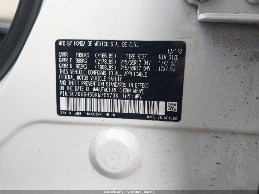 2019 Honda Hr-V Ex VIN: 3CZRU6H55KM705708 Lot: 43977817