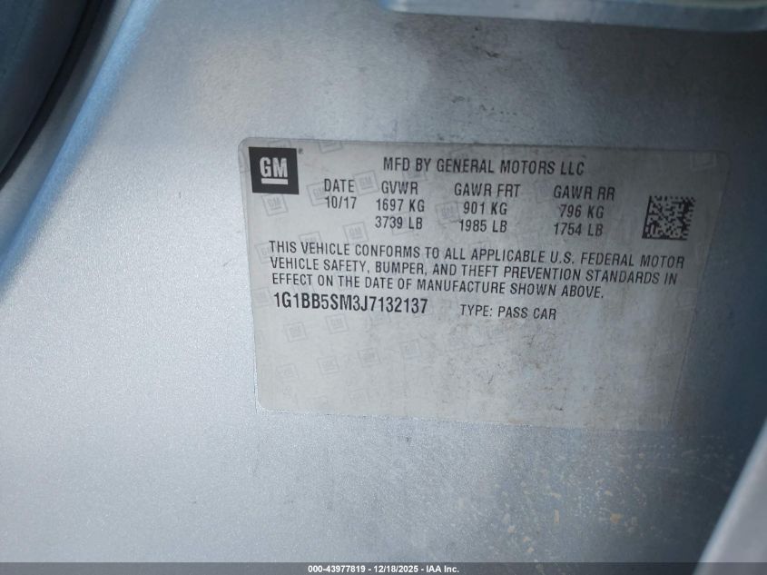 2018 Chevrolet Cruze Ls Manual VIN: 1G1BB5SM3J7132137 Lot: 43977819
