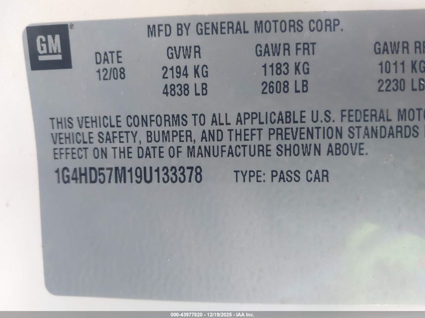 2009 Buick Lucerne Cxl Special Edition VIN: 1G4HD57M19U133378 Lot: 43977820