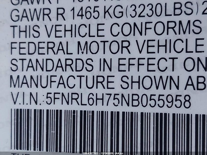 2022 Honda Odyssey Ex-L VIN: 5FNRL6H75NB055958 Lot: 43977821