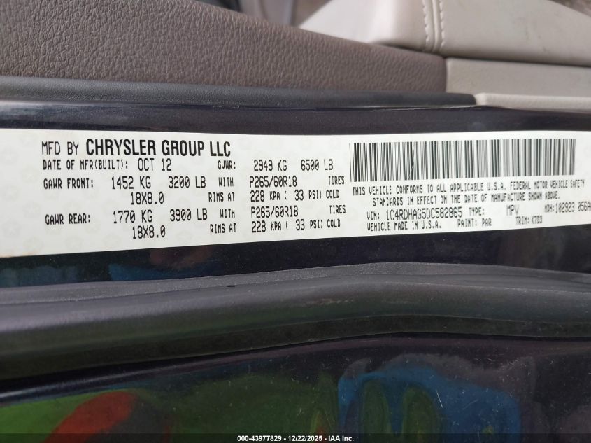 2013 Dodge Durango Sxt VIN: 1C4RDHAG5DC582865 Lot: 43977829