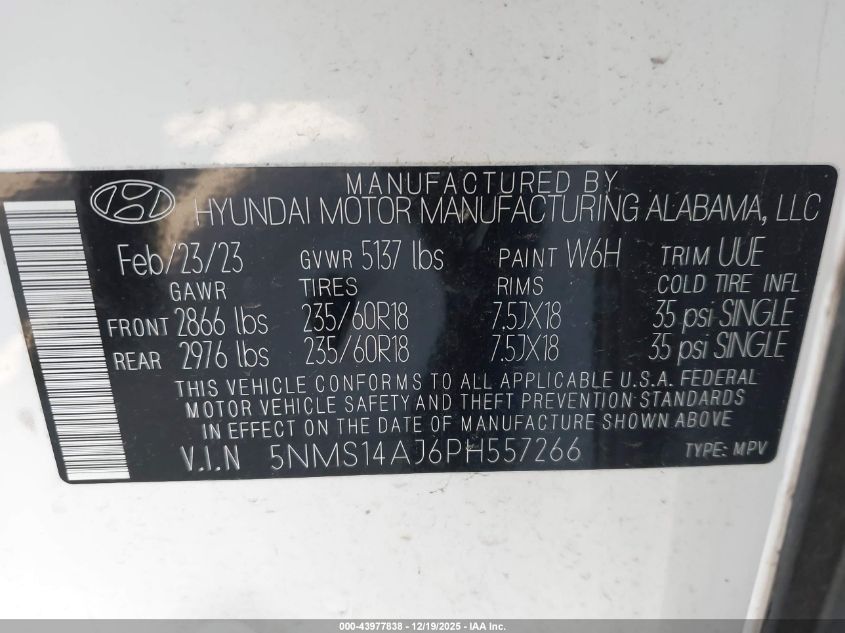 2023 Hyundai Santa Fe Se VIN: 5NMS14AJ6PH557266 Lot: 43977838