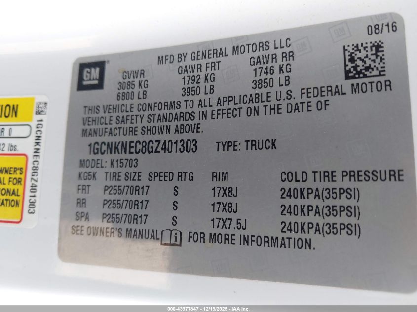 2016 Chevrolet Silverado 1500 Wt VIN: 1GCNKNEC8GZ401303 Lot: 43977847