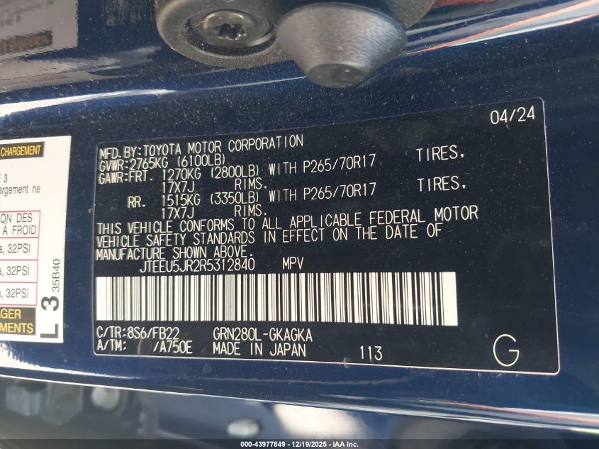 2024 Toyota 4Runner Sr5 VIN: JTEEU5JR2R5312840 Lot: 43977849