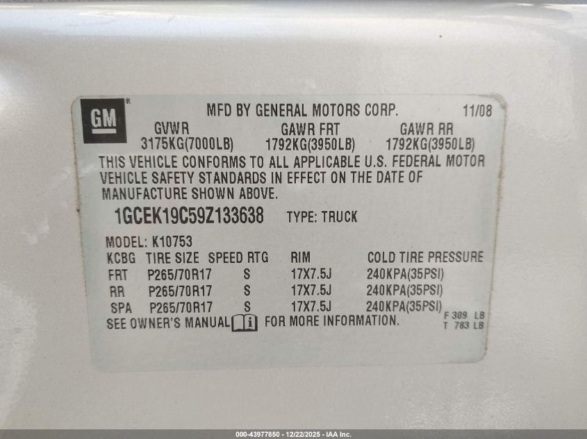 2009 Chevrolet Silverado 1500 Work Truck VIN: 1GCEK19C59Z133638 Lot: 43977850