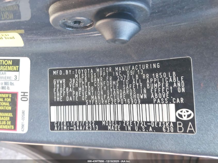 2014 Toyota Corolla S Plus VIN: 5YFBURHE2EP016909 Lot: 43977856