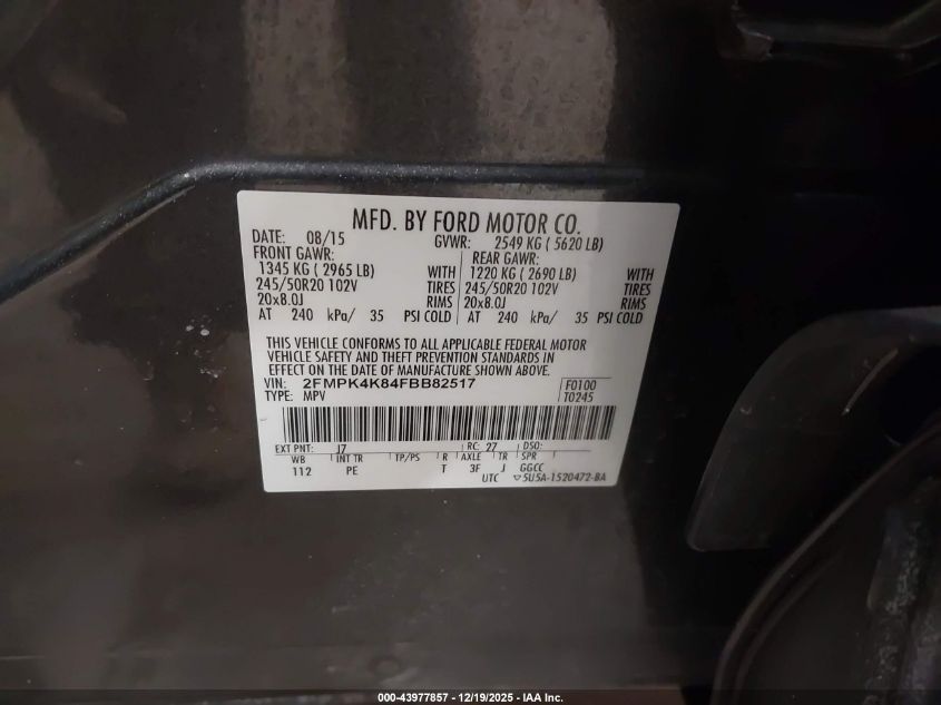 2015 Ford Edge Titanium VIN: 2FMPK4K84FBB82517 Lot: 43977857