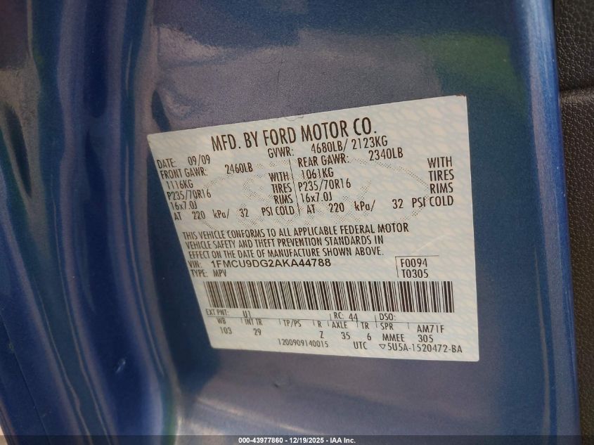 2010 Ford Escape Xlt VIN: 1FMCU9DG2AKA44788 Lot: 43977860