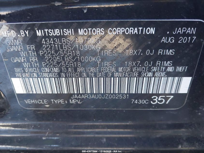 2018 Mitsubishi Outlander Sport 2.0 Es VIN: JA4AR3AU0JZ002531 Lot: 43977864