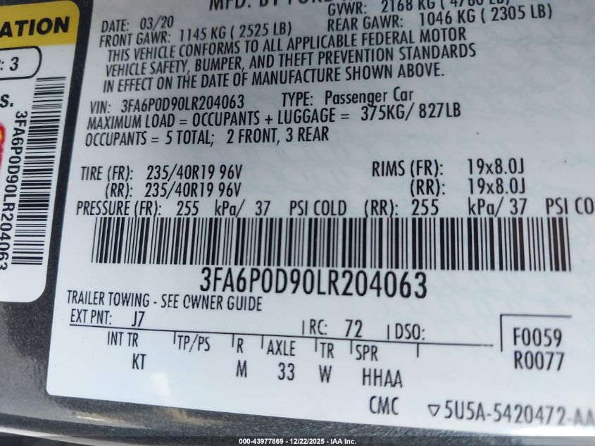 2020 Ford Fusion Titanium VIN: 3FA6P0D90LR204063 Lot: 43977869