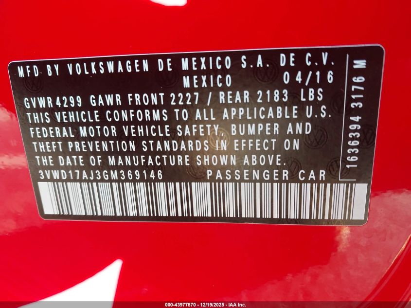 2016 Volkswagen Jetta 1.8T Sport VIN: 3VWD17AJ3GM369146 Lot: 43977870