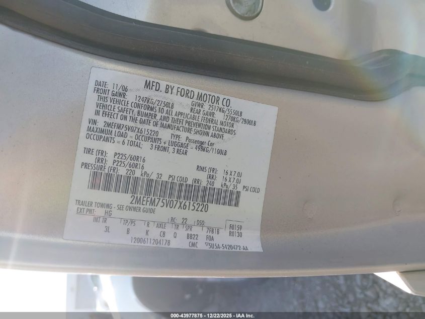 2007 Mercury Grand Marquis Ls VIN: 2MEFM75V07X615220 Lot: 43977875