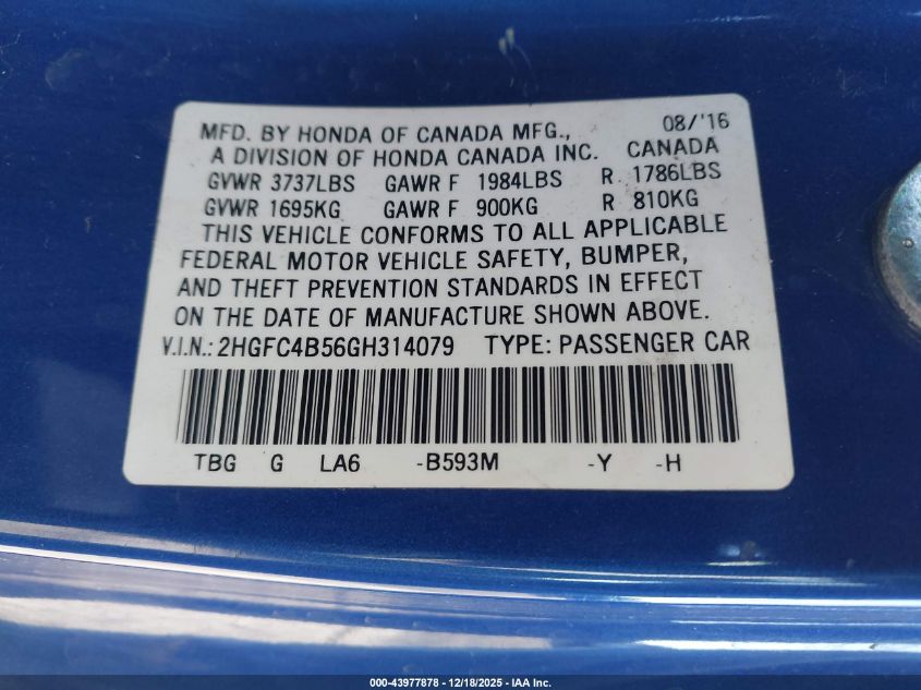 2016 Honda Civic Lx VIN: 2HGFC4B56GH314079 Lot: 43977878