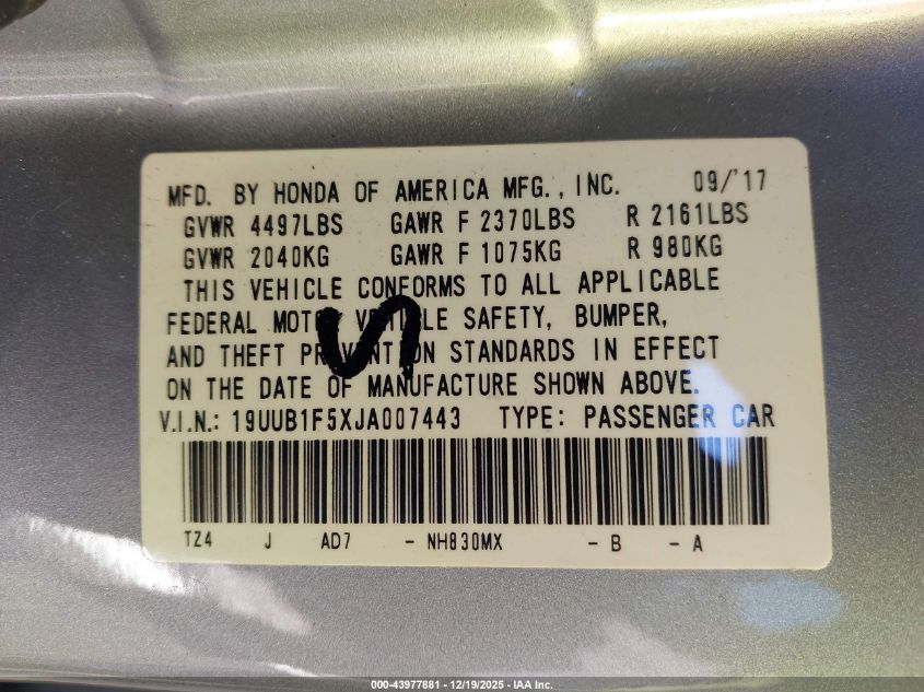 2018 Acura Tlx Tech Pkg VIN: 19UUB1F5XJA007443 Lot: 43977881