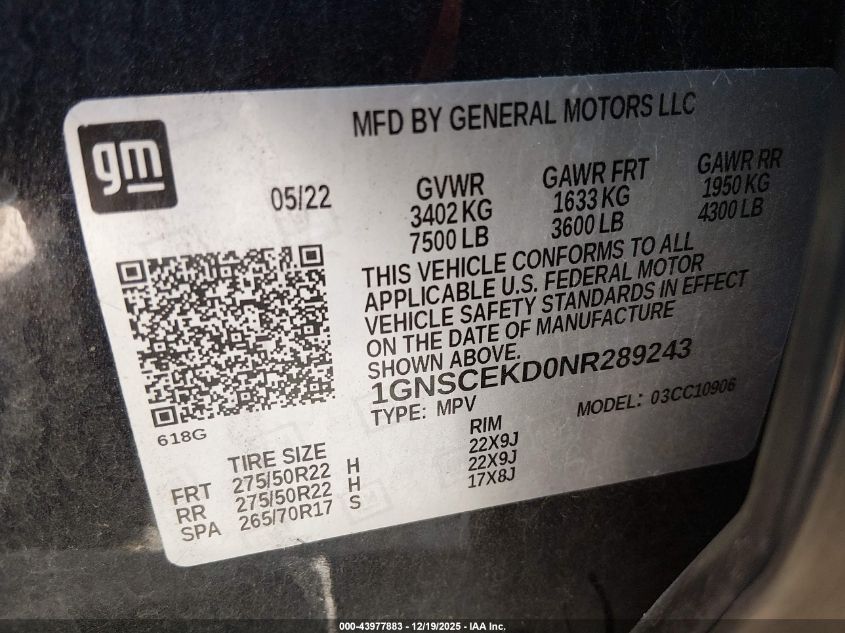 2022 Chevrolet Suburban 2Wd Rst VIN: 1GNSCEKD0NR289243 Lot: 43977883