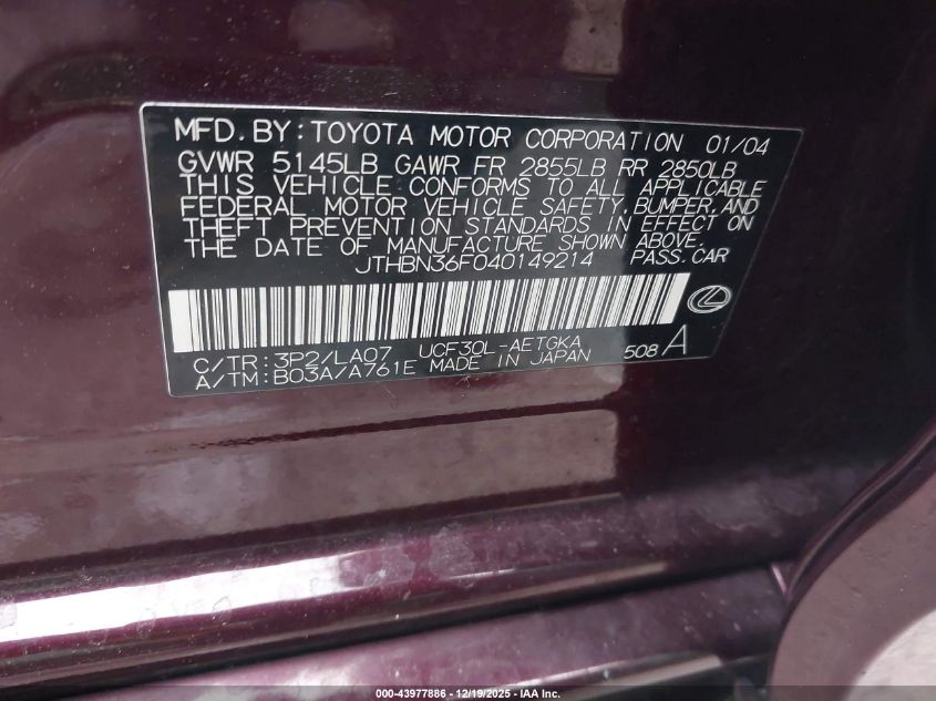 2004 Lexus Ls 430 VIN: JTHBN36F040149214 Lot: 43977886