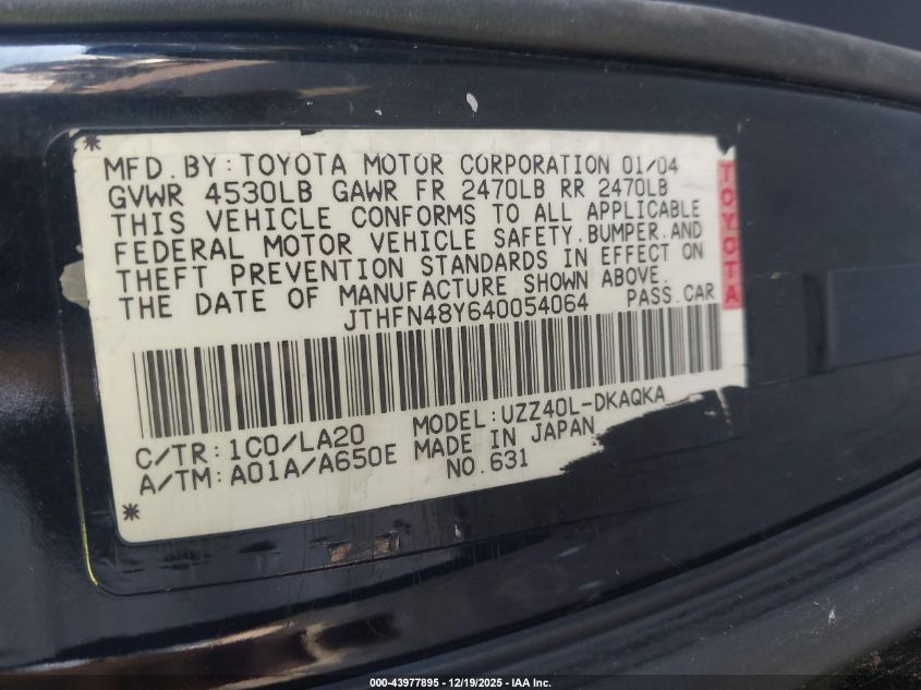 2004 Lexus Sc 430 VIN: JTHFN48Y640054064 Lot: 43977895