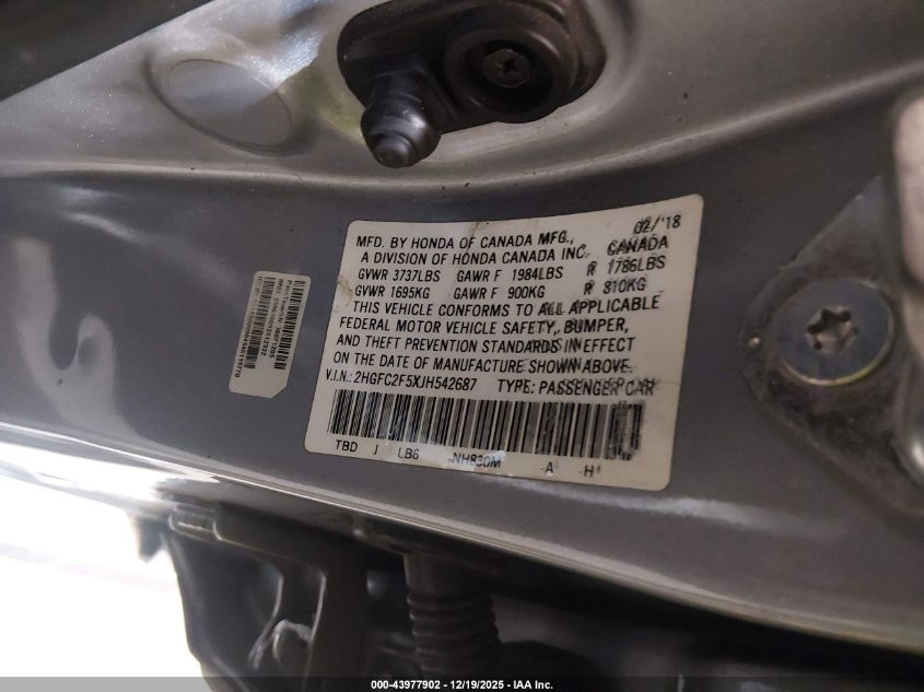 2018 Honda Civic Lx VIN: 2HGFC2F5XJH542687 Lot: 43977902