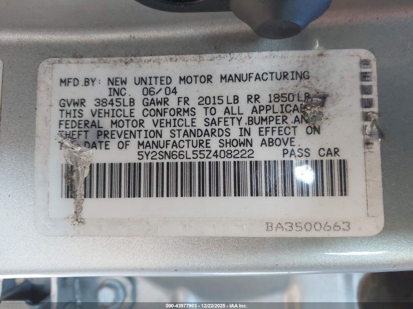 2005 Pontiac Vibe Gt VIN: 5Y2SN66L55Z408222 Lot: 43977903