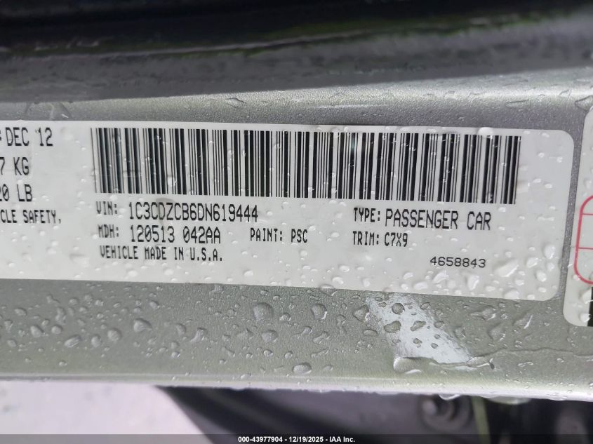 2013 Dodge Avenger Sxt VIN: 1C3CDZCB6DN619444 Lot: 43977904