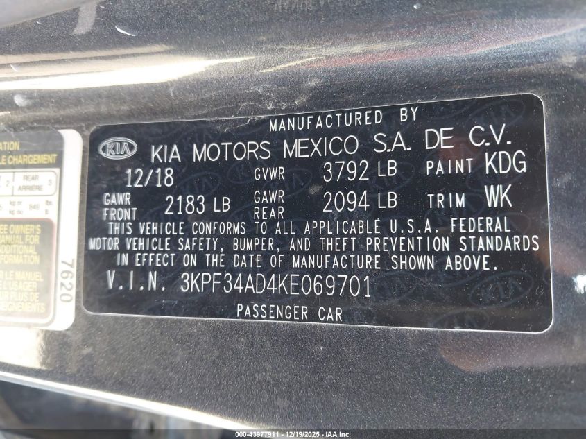 2019 Kia Forte S VIN: 3KPF34AD4KE069701 Lot: 43977911