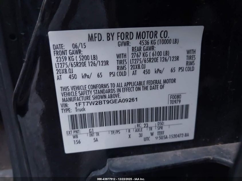 2016 Ford F-250 Lariat VIN: 1FT7W2BT9GEA09261 Lot: 43977912