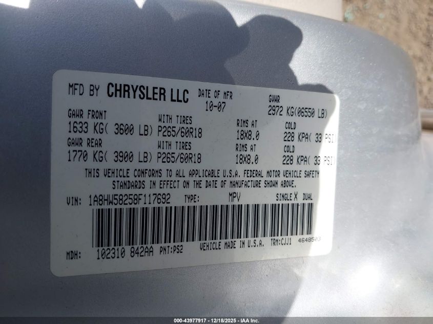 2008 Chrysler Aspen Limited VIN: 1A8HW58258F117692 Lot: 43977917