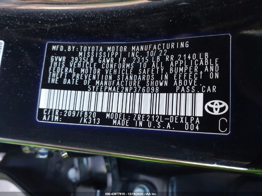 2022 Toyota Corolla Le VIN: 5YFEPMAE2NP376098 Lot: 43977918