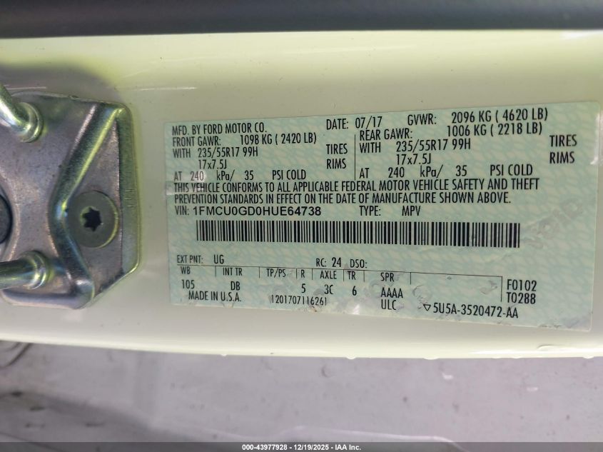 2017 Ford Escape Se VIN: 1FMCU0GD0HUE64738 Lot: 43977928