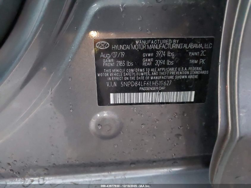 2020 Hyundai Elantra Sel VIN: 5NPD84LF6LH519627 Lot: 43977930