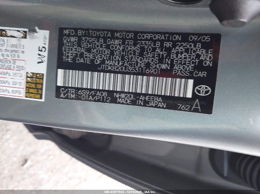 2005 Toyota Prius VIN: JTDKB20U353116901 Lot: 43977933