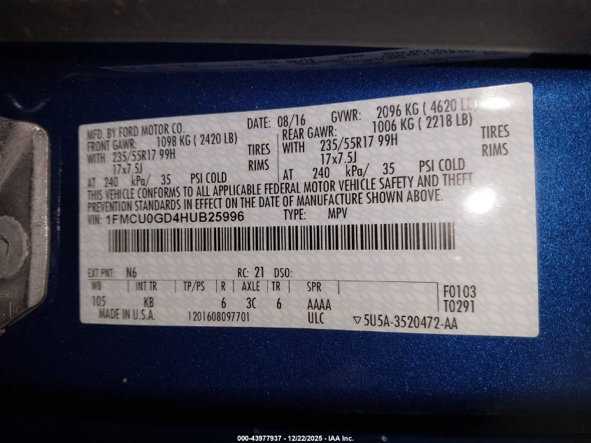 2017 Ford Escape Se VIN: 1FMCU0GD4HUB25996 Lot: 43977937