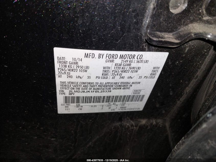 2015 Lincoln Mkx VIN: 2LMDJ8JK1FBL25339 Lot: 43977939