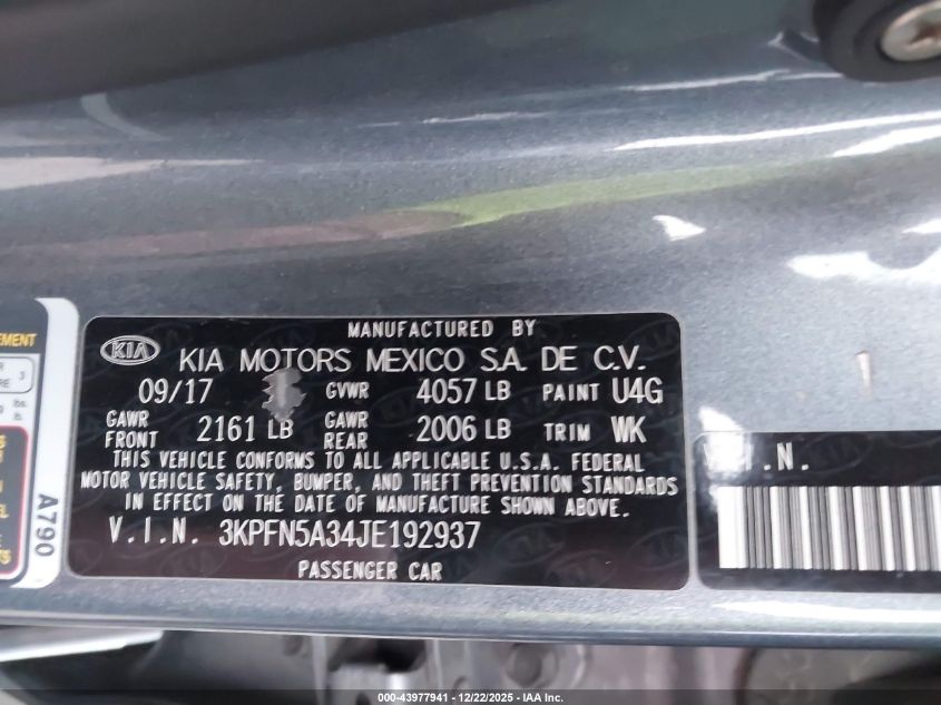 2018 Kia Forte Sx VIN: 3KPFN5A34JE192937 Lot: 43977941