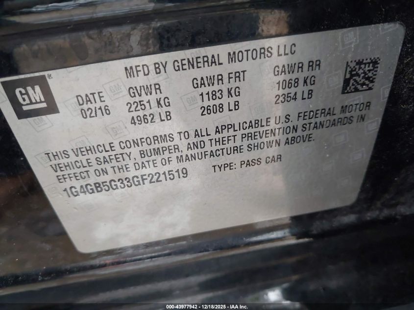 2016 Buick Lacrosse Leather VIN: 1G4GB5G33GF221519 Lot: 43977942
