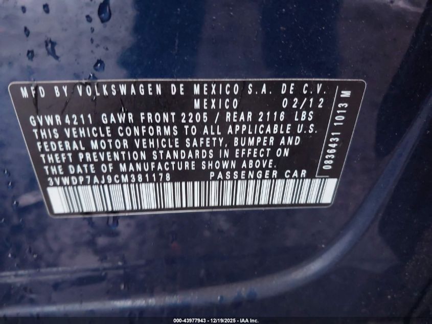2012 Volkswagen Jetta 2.5L Se VIN: 3VWDP7AJ9CM381178 Lot: 43977943