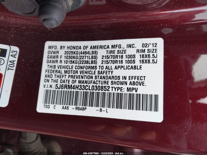 2012 Honda Cr-V Lx VIN: 5J6RM4H33CL030852 Lot: 43977960