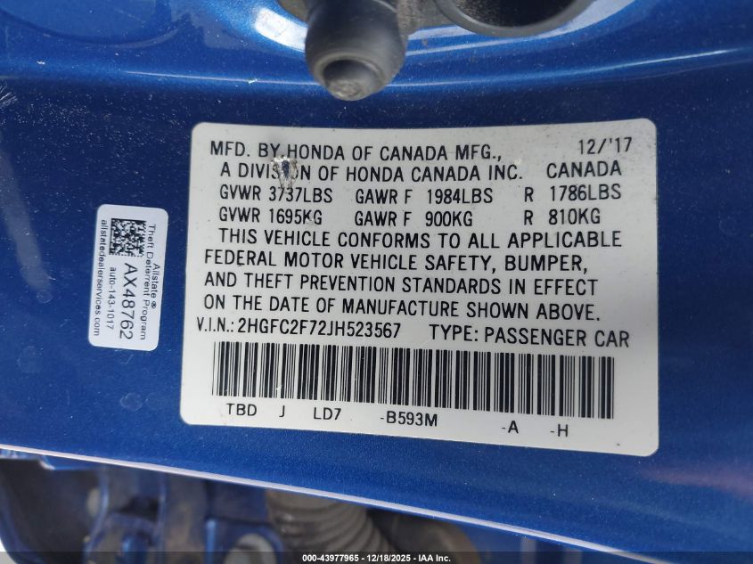 2018 Honda Civic Ex VIN: 2HGFC2F72JH523567 Lot: 43977965