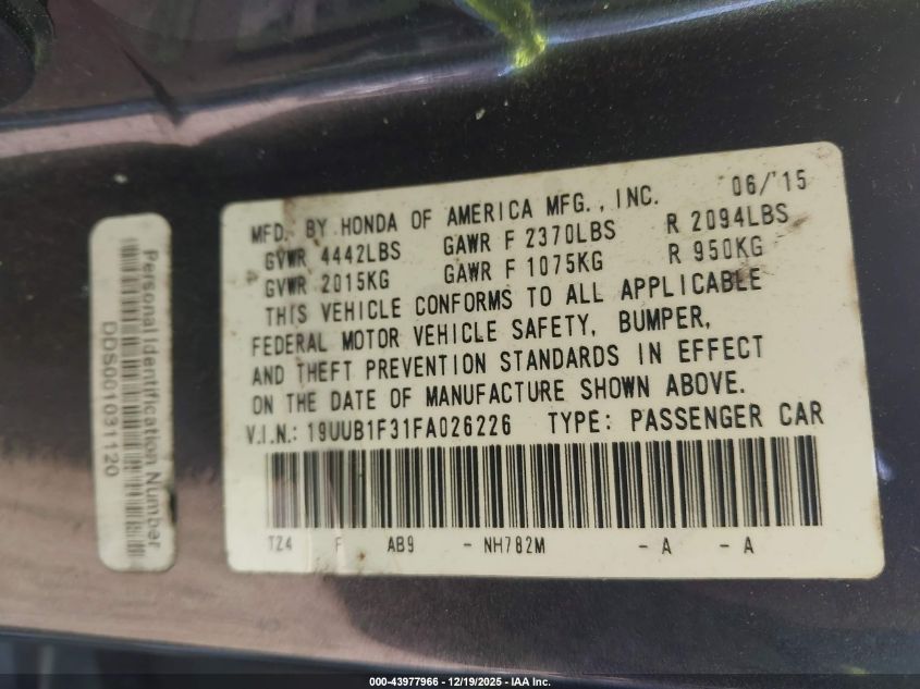 2015 Acura Tlx VIN: 19UUB1F31FA026226 Lot: 43977966