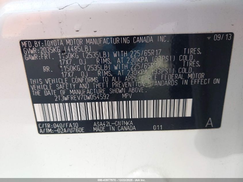 2013 Toyota Rav4 Xle VIN: 2T3WFREV7DW054592 Lot: 43977970